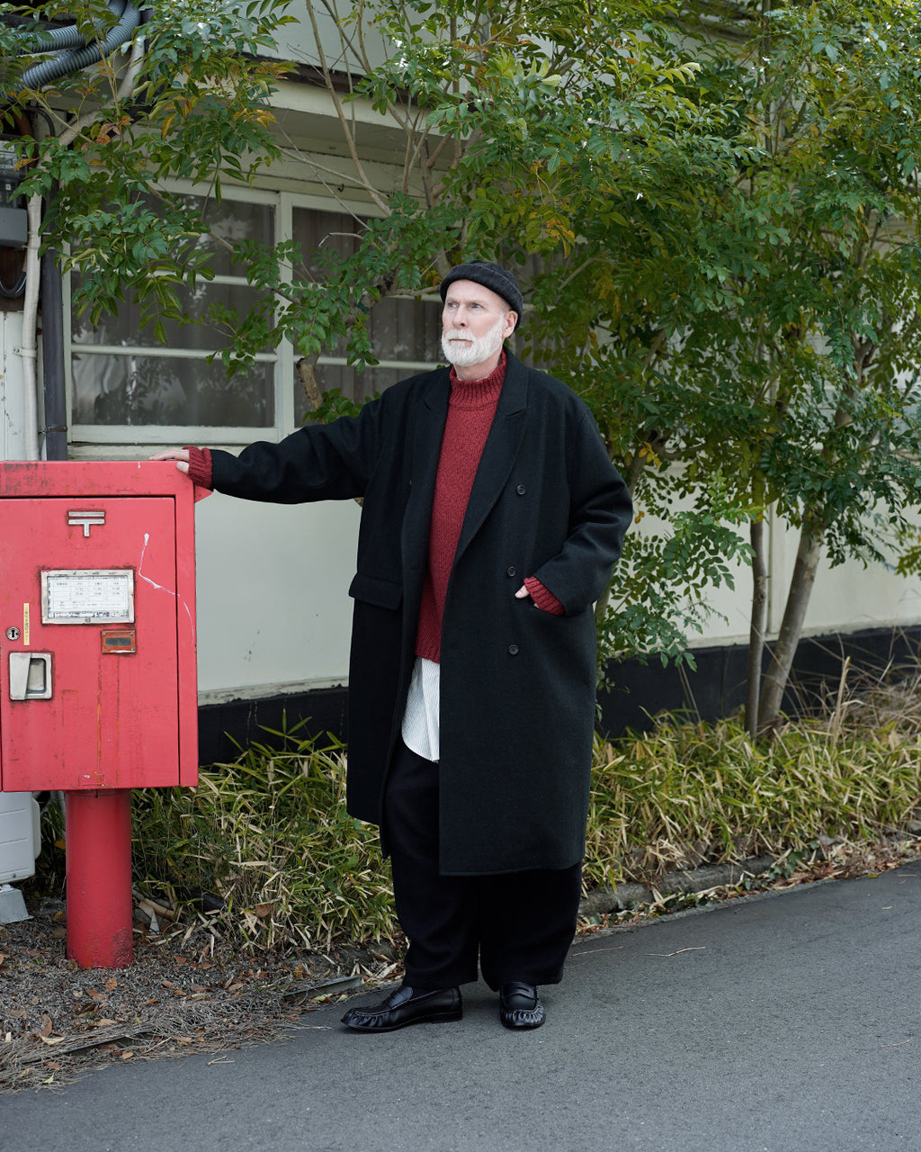 Wool Blend Double-Breasted Long Coat <#black>