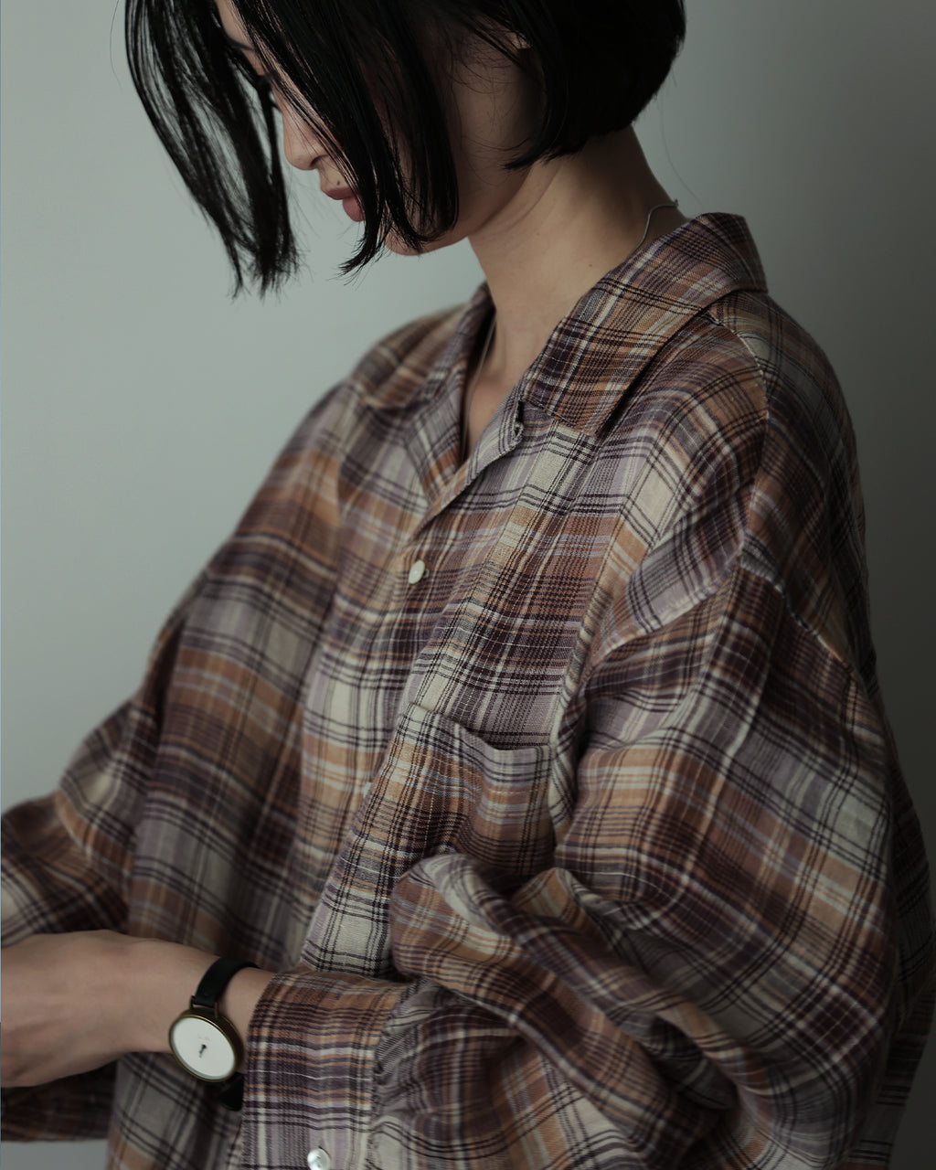 Linen Madras Check Open Collar Long-Sleeve Gathered Shirt<#red check>