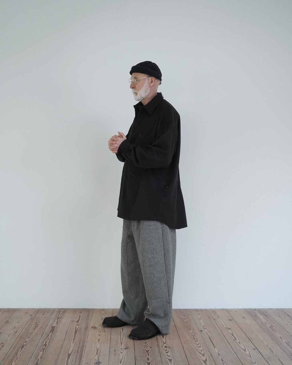 Wool Blend Heavy Flannel Wide Tuck Over Shirt <#olive>