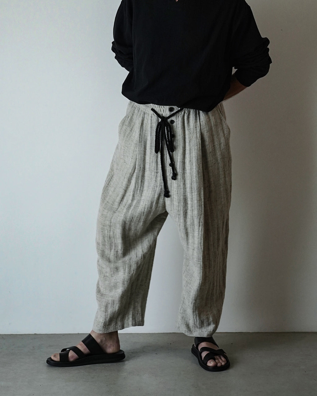 Linen Herringbone Button-Fly Easy Sarouel Pants <#heather gray>