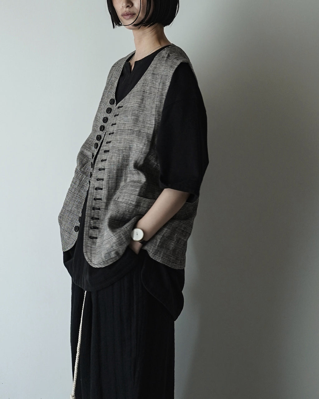 Glen Check Linen Back Belt Button Design V-Neck Vest <#glen check>