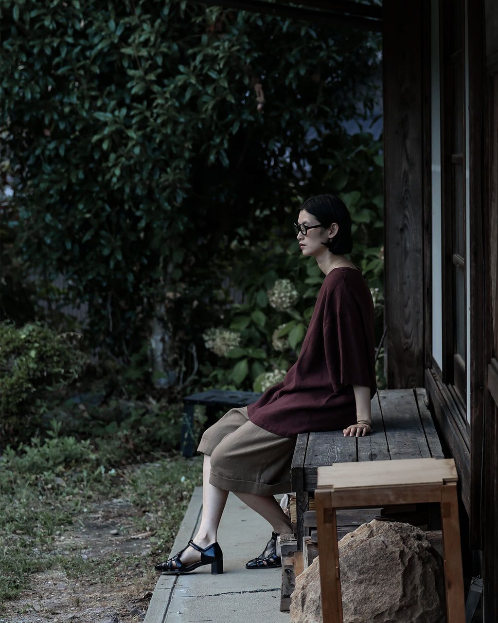 French Linen Crew Neck Half Sleeve Oversized Pullover <#burgundy>