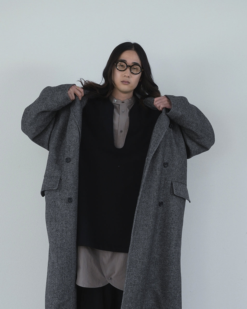 Wool Blend Double-Breasted Long Coat <#gray>