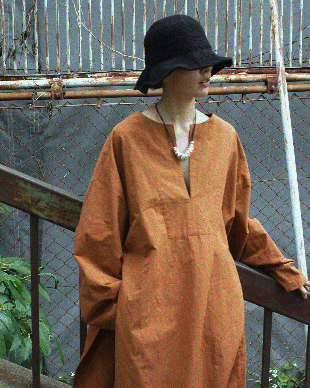 Key Neck Side Slit Long Length Pullover Shirt <#terracotta>