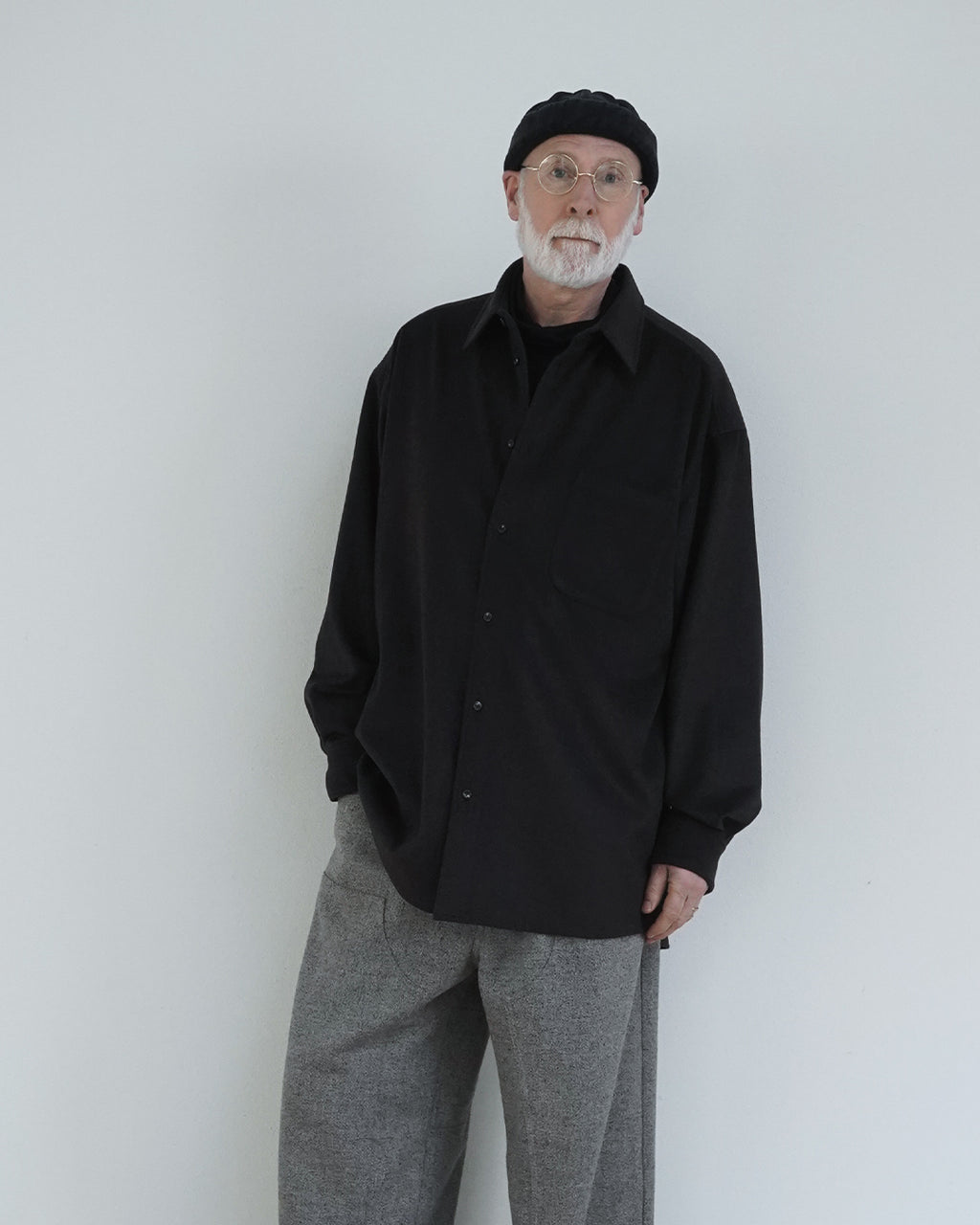 Wool Blend Heavy Flannel Wide Tuck Over Shirt <#olive>