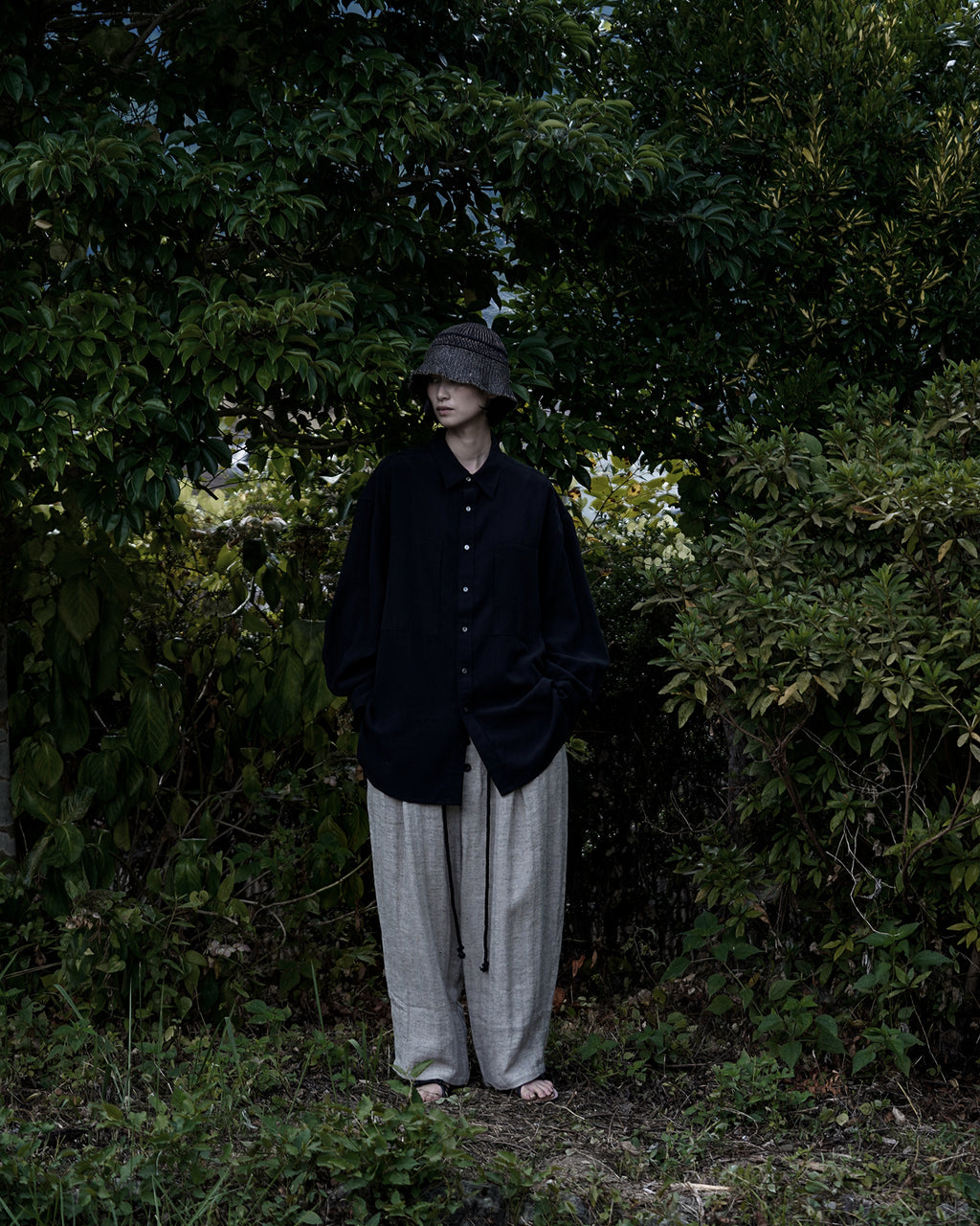 Linen-Tencel Double Pocket Regular Collar Over Shirt <#black>
