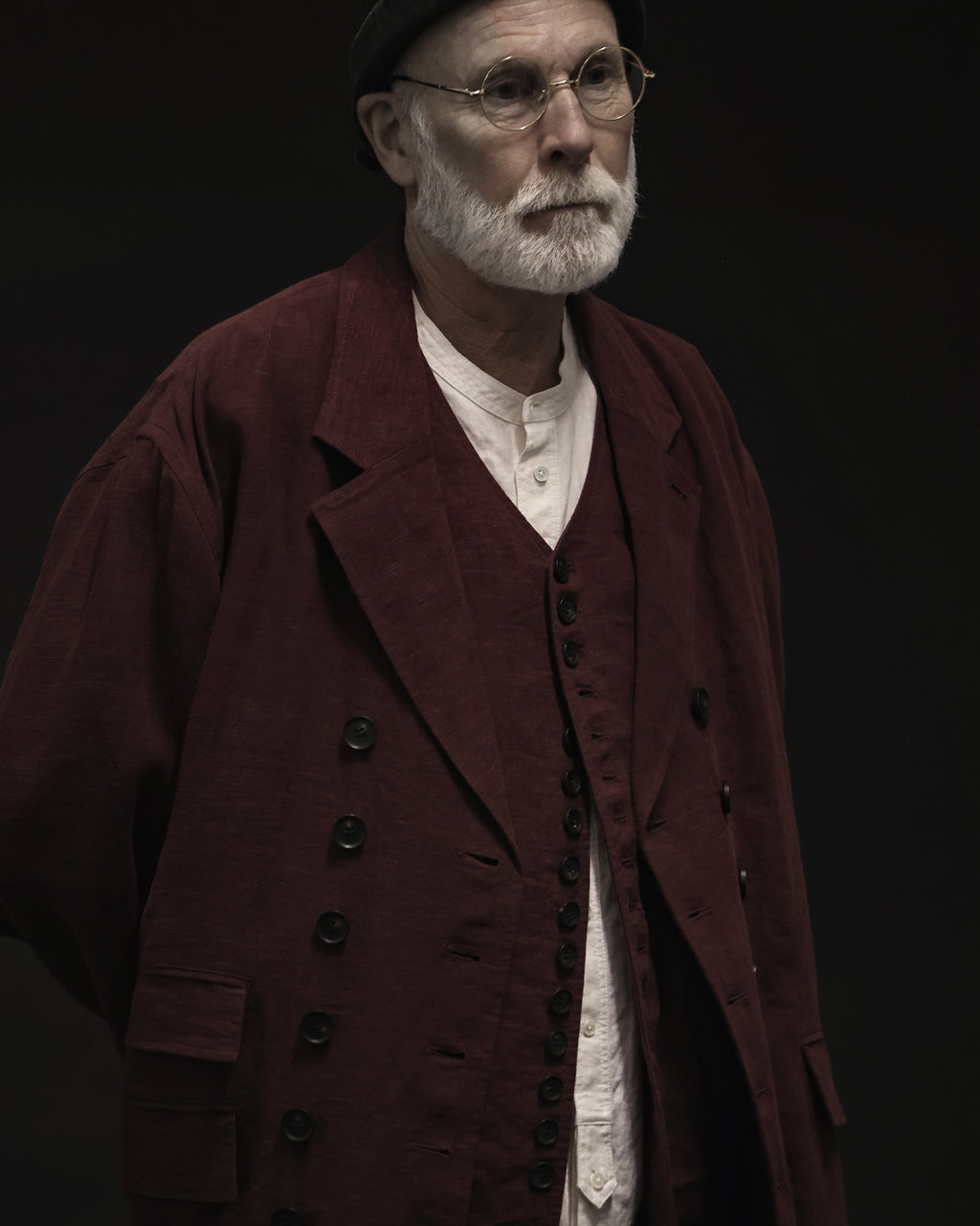 French Linen Back-Open Button Design Semi-Double Jacket <#burgundy>