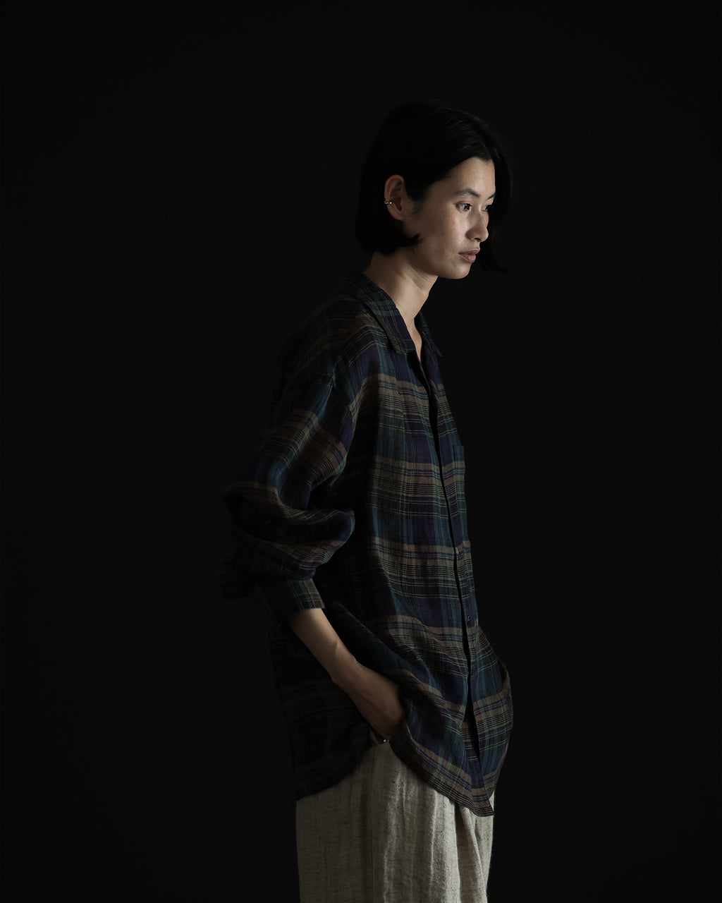 Linen Madras Check Open Collar Long-Sleeve Gathered Shirt<#navy check>