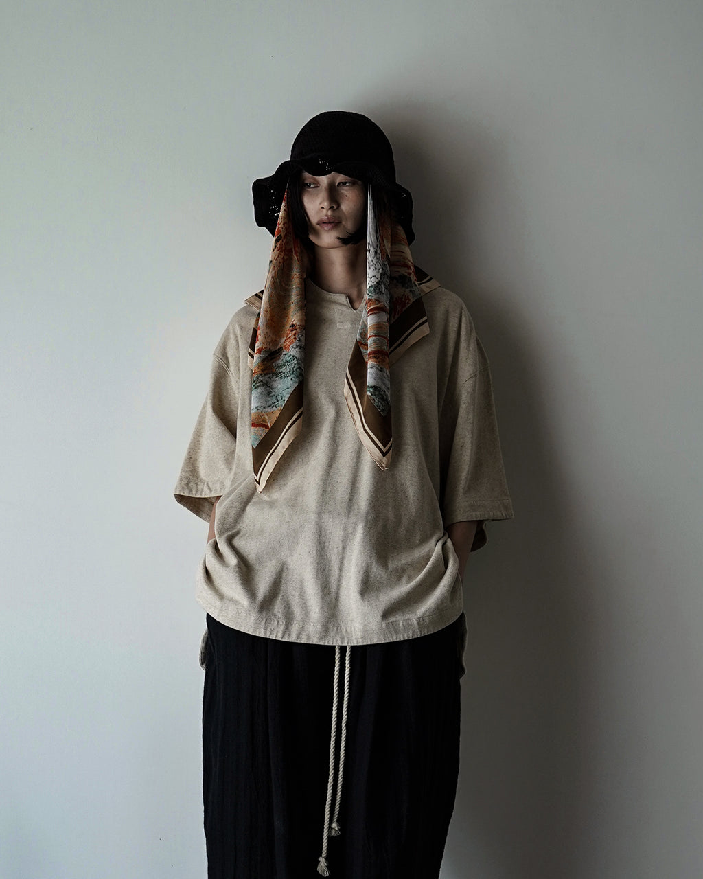 Cotton Linen Hem Round Skipper Half Sleeve Tee <#ivory>