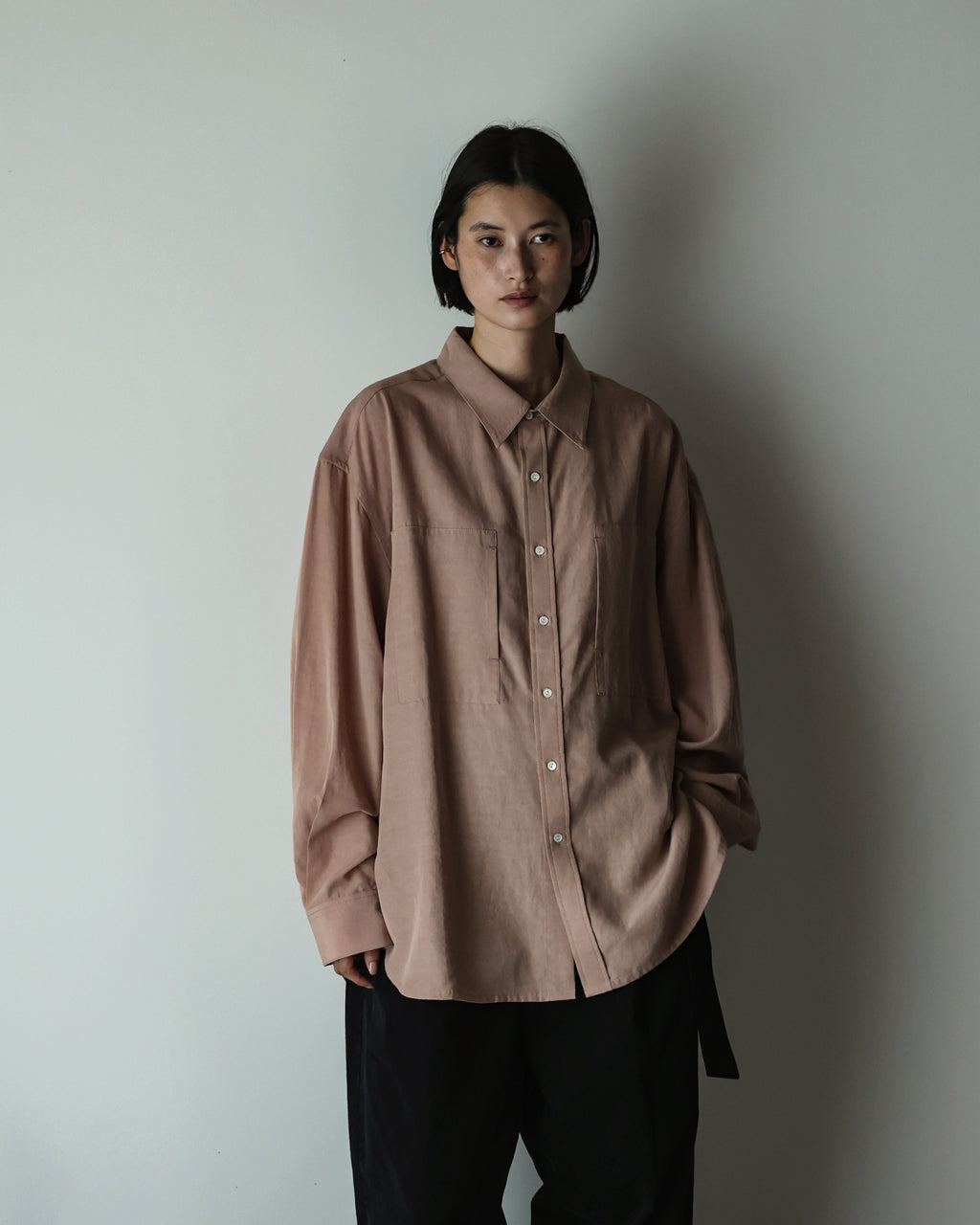 Linen-Tencel Double Pocket Regular Collar Over Shirt <#smoke pink>
