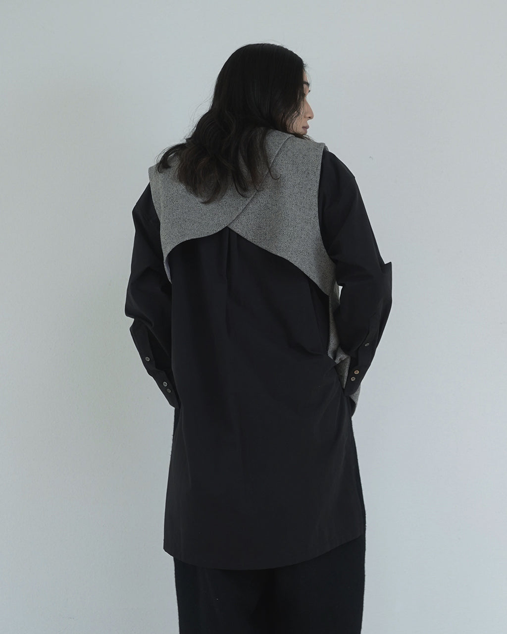 Wool Blend Tweed Back-Open Layered Crew Neck Vest <#greige>