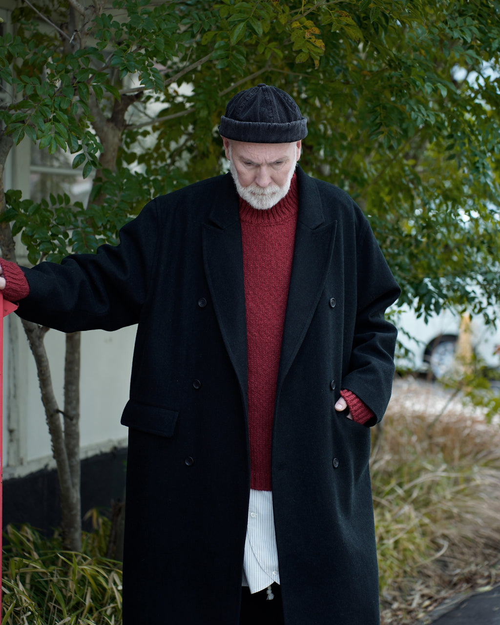 Wool Blend Double-Breasted Long Coat <#black>