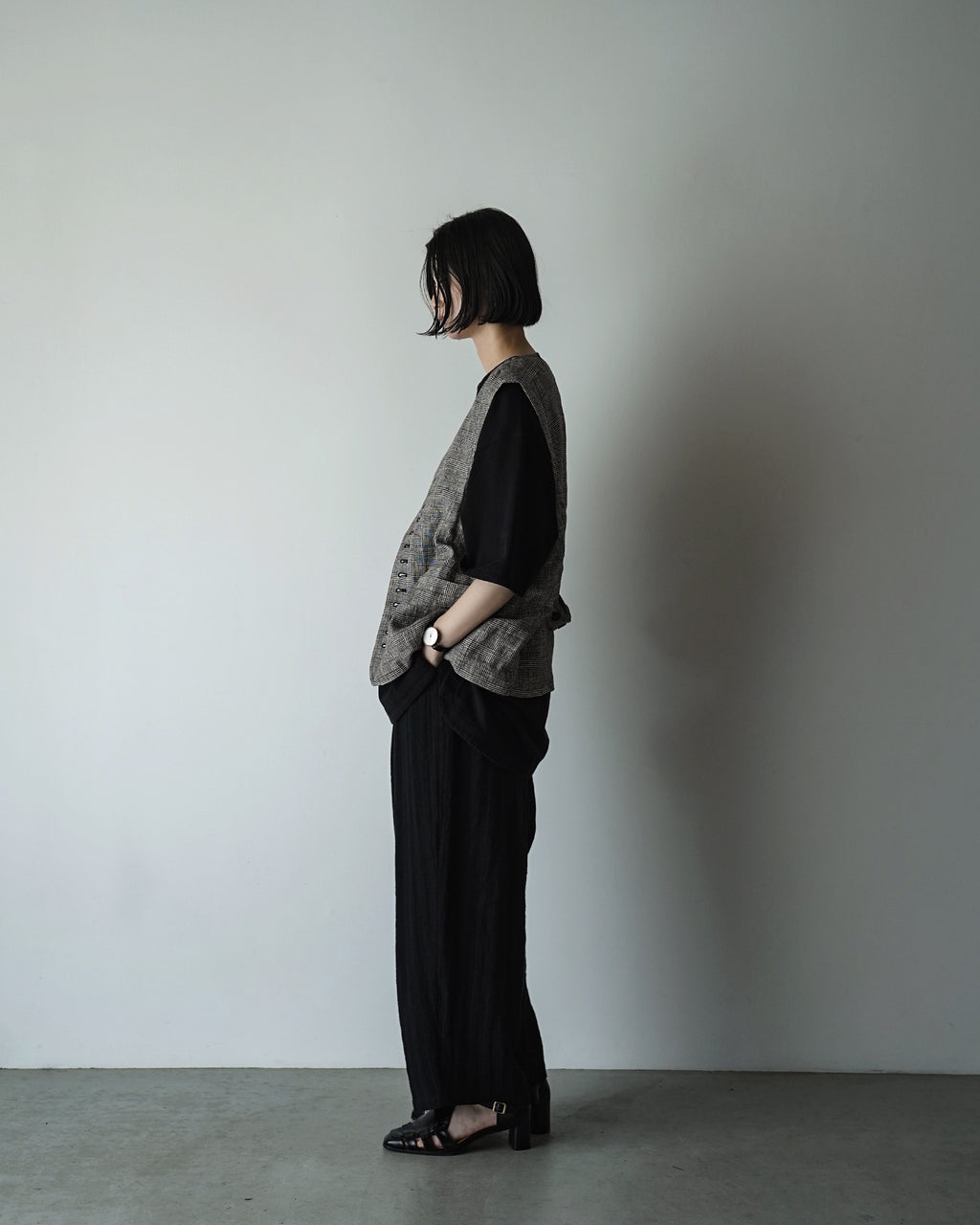 Glen Check Linen Back Belt Button Design V-Neck Vest <#glen check>
