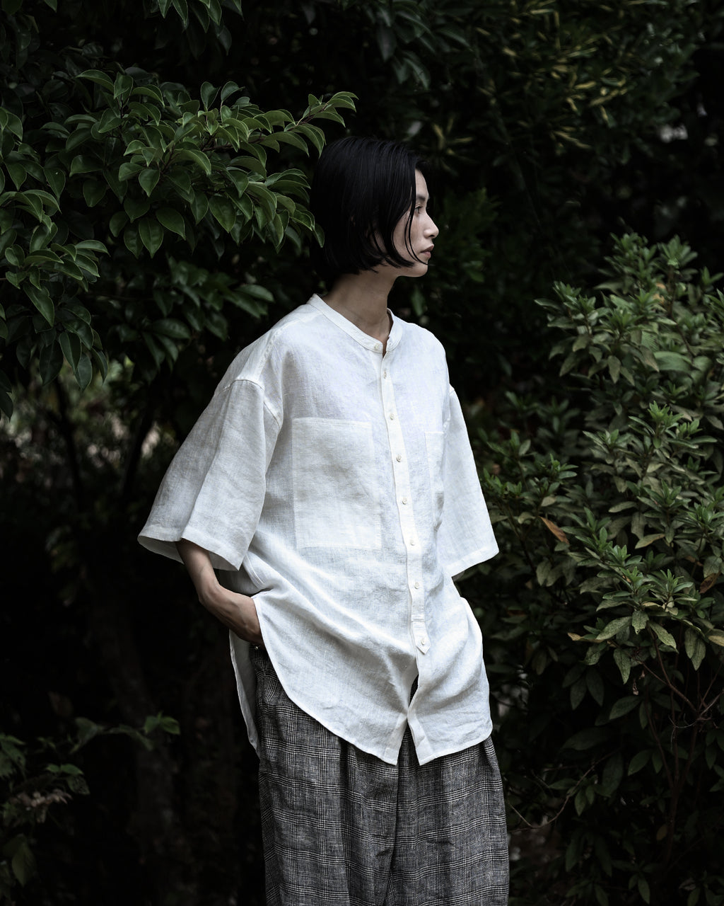 Wash Linen Band Collar Henley Neck Like Half Sleeve Atelier Shirt <#off white>