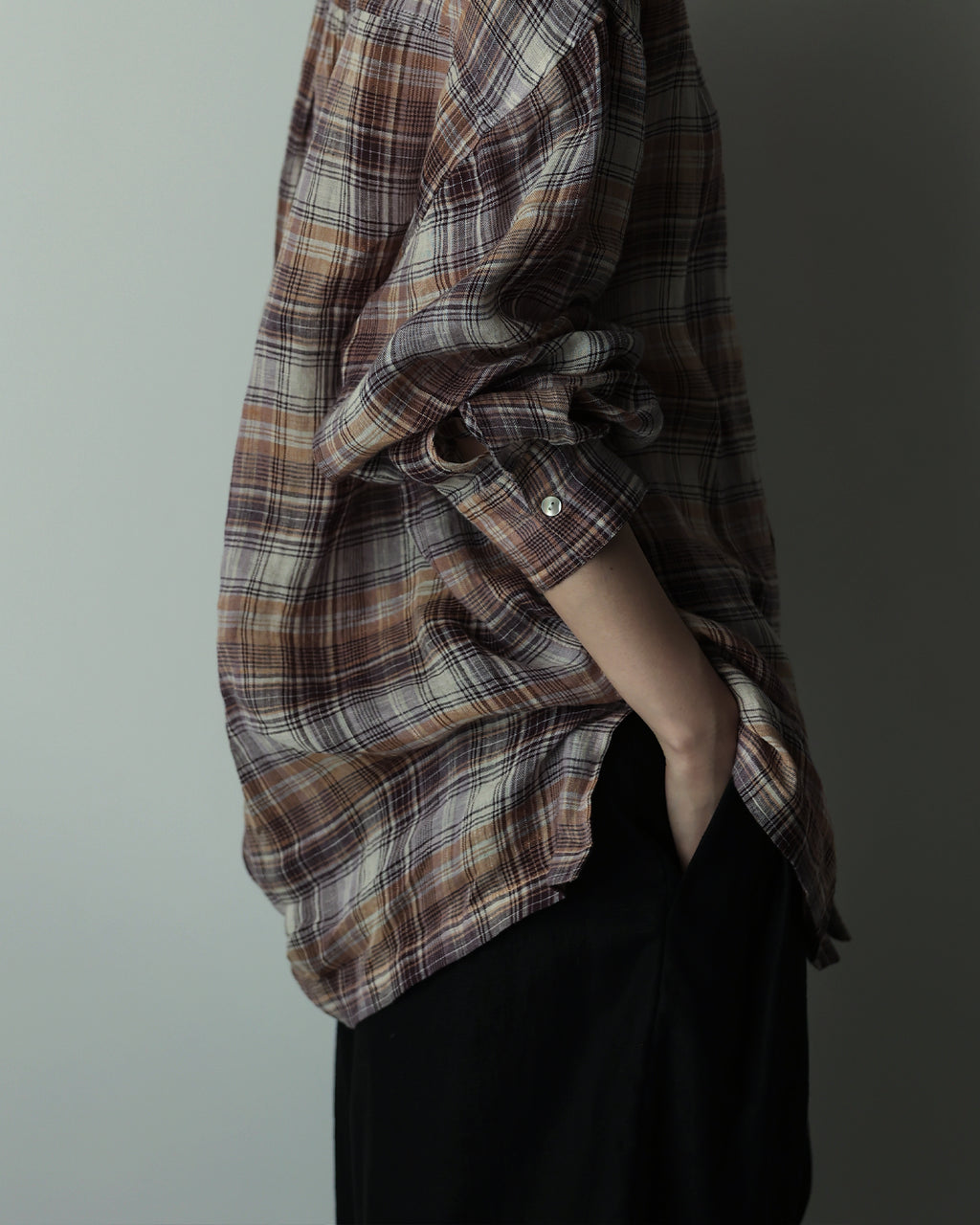 Linen Madras Check Open Collar Long-Sleeve Gathered Shirt<#red check>