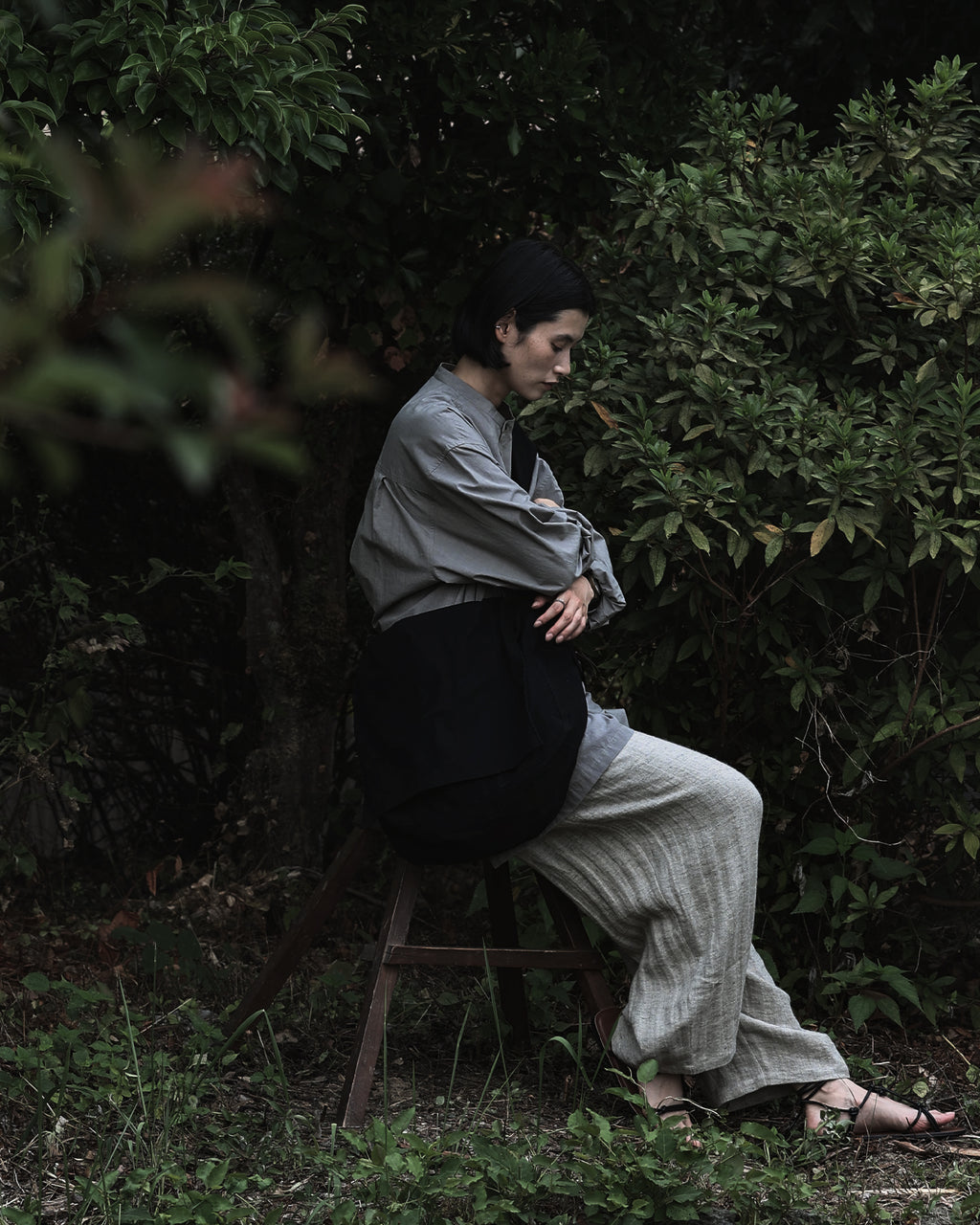 Linen Herringbone Button-Fly Easy Sarouel Pants <#heather gray>