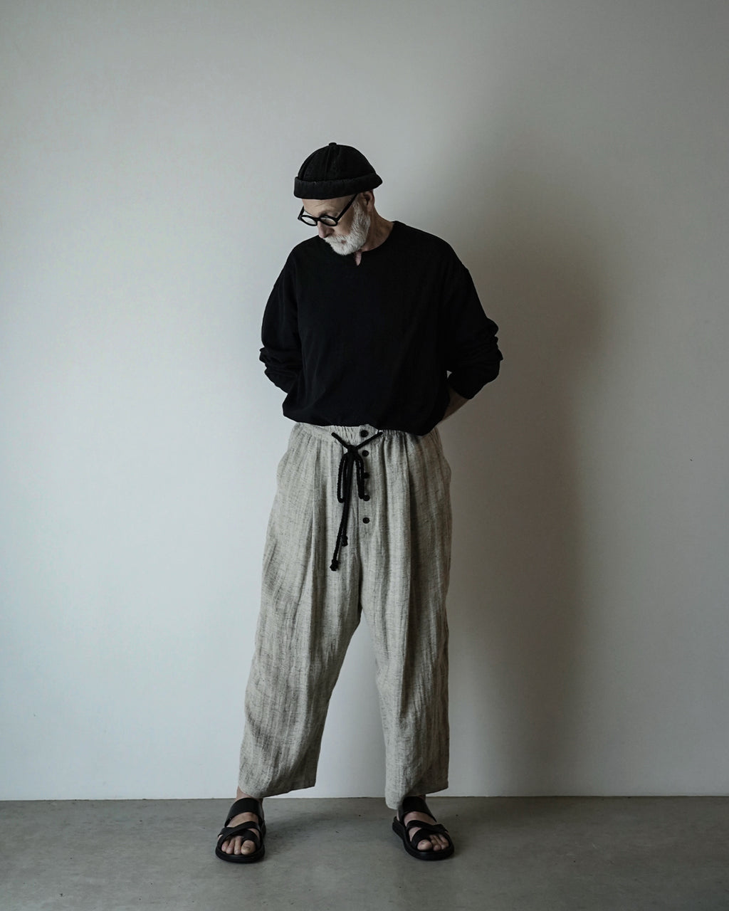 Linen Herringbone Button-Fly Easy Sarouel Pants <#heather gray>