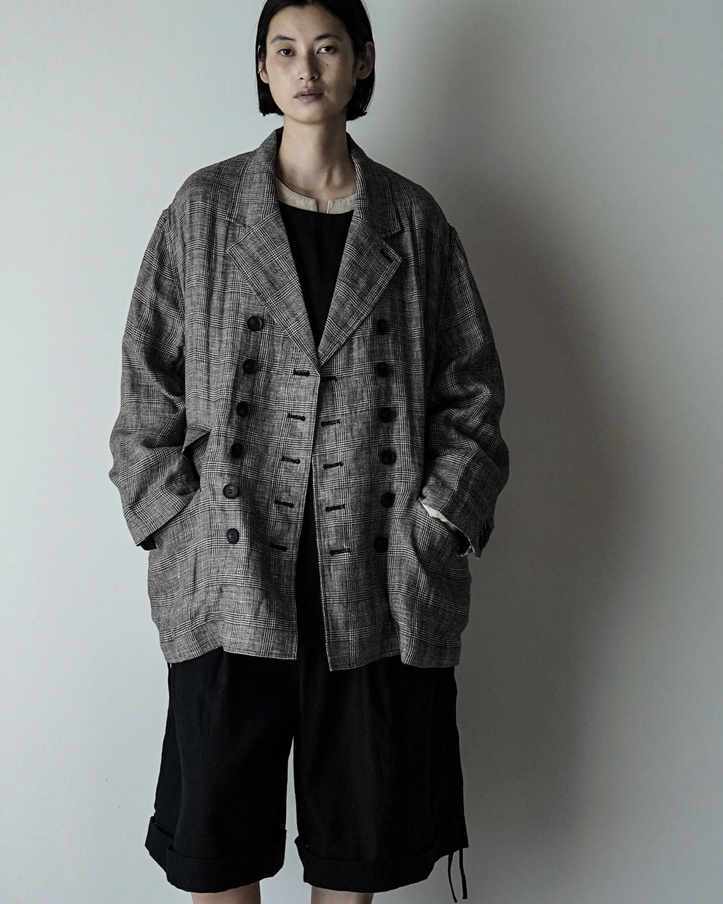 Glen Check Linen Back-Open Button Design Semi-Double Jacket <#glen check>