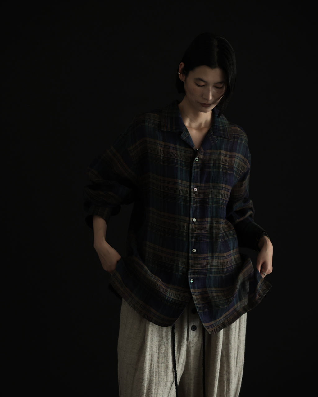 Linen Madras Check Open Collar Long-Sleeve Gathered Shirt<#navy check>