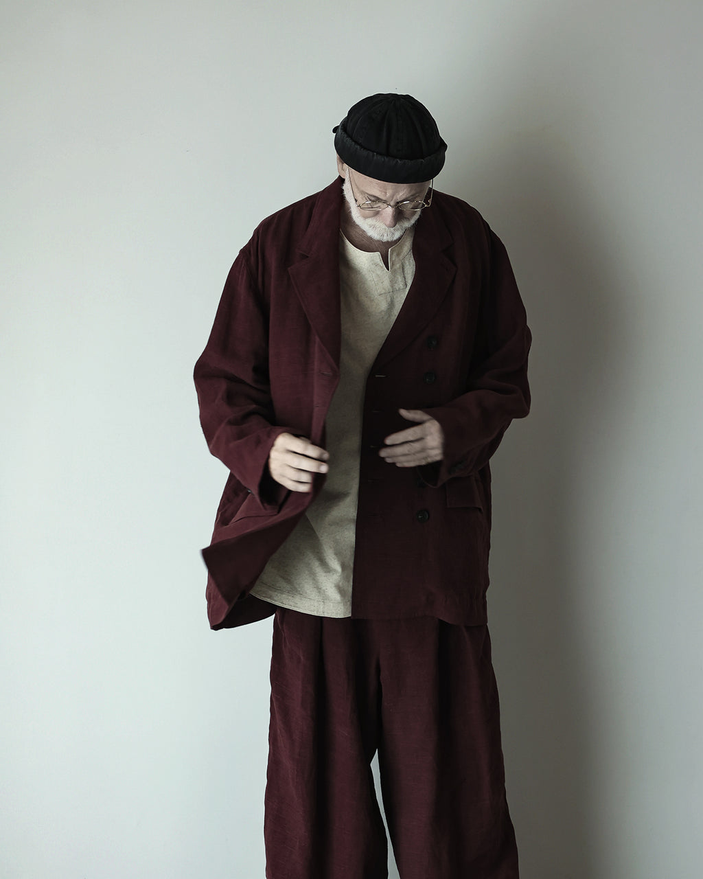 French Linen Back-Open Button Design Semi-Double Jacket <#burgundy>