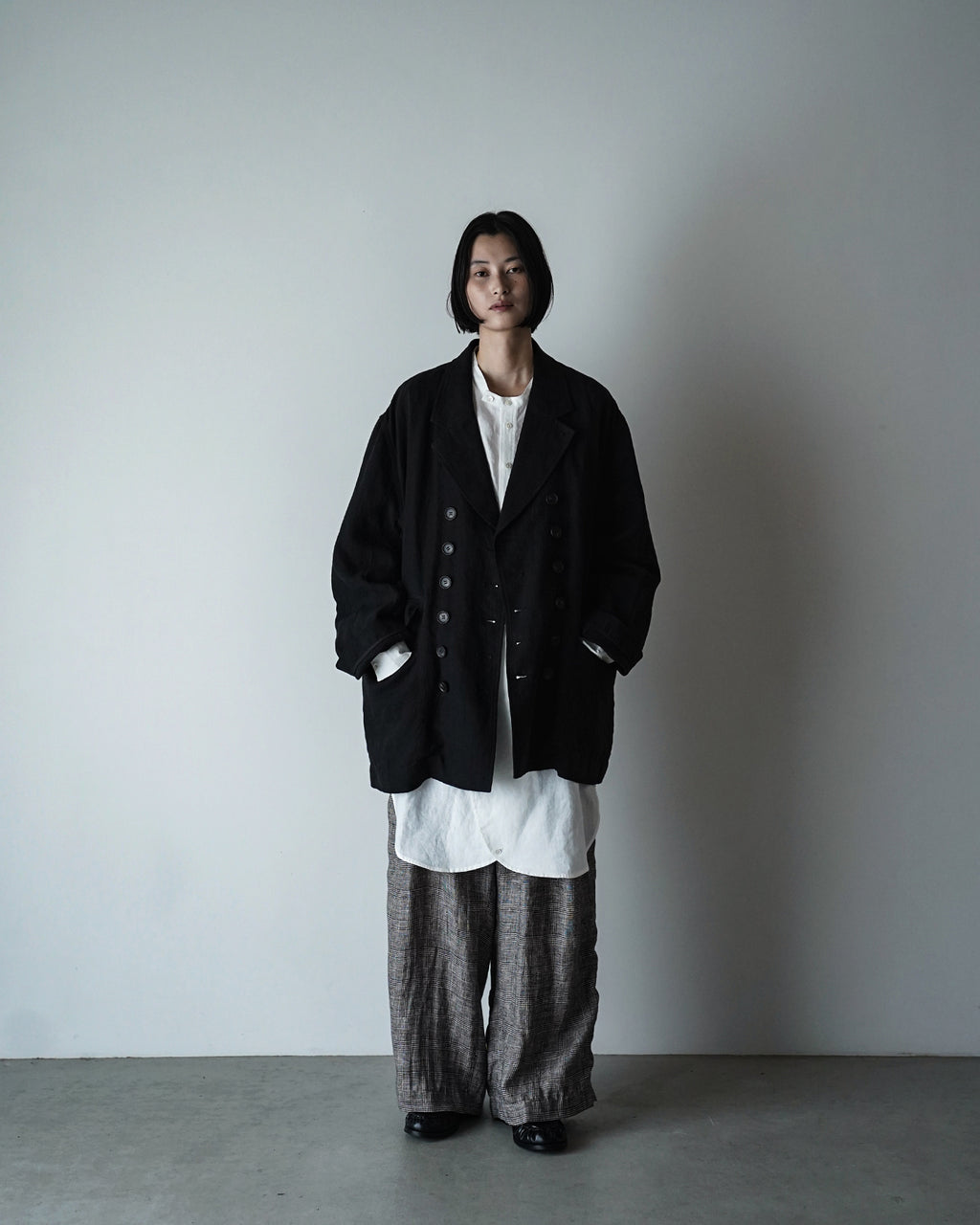 Glen Check Linen Back Belt 3Tuck Wide Straight Trousers <#glen check>