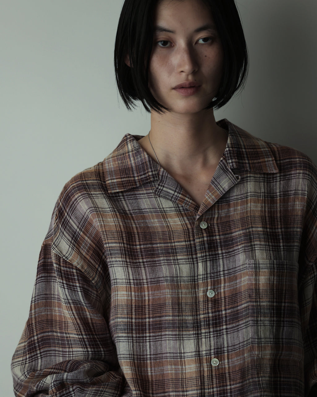 Linen Madras Check Open Collar Long-Sleeve Gathered Shirt<#red check>