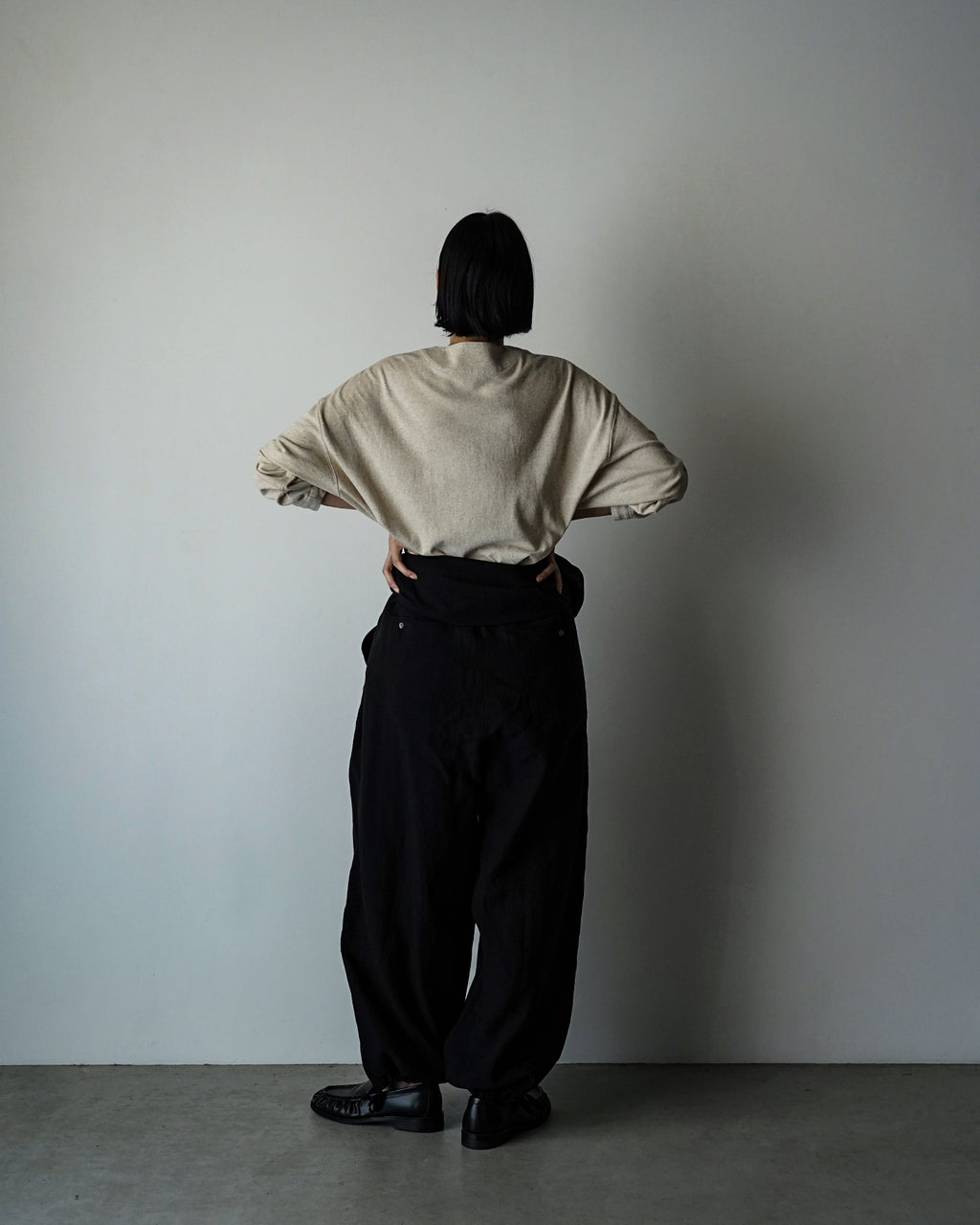 Wash Linen Band Collar Long-Sleeve Jumpsuit <#black>