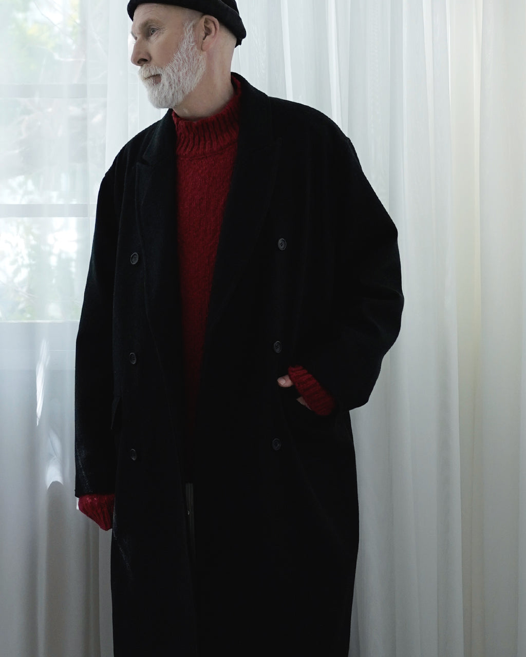 Wool Blend Double-Breasted Long Coat <#black>