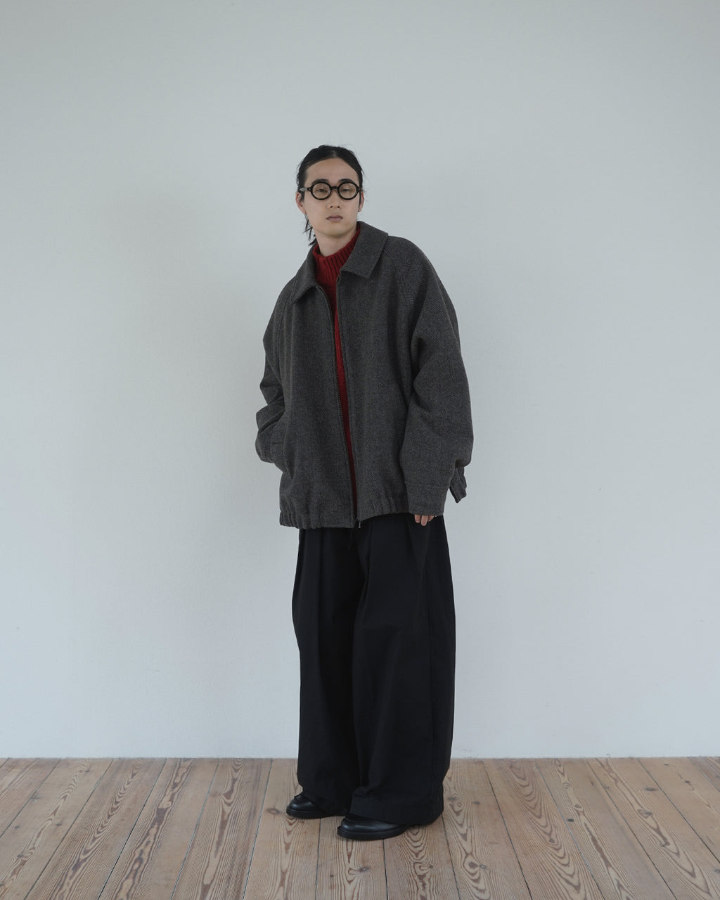 Wool Blend Herringbone Tweed Volume Zip Blouson <#brown>