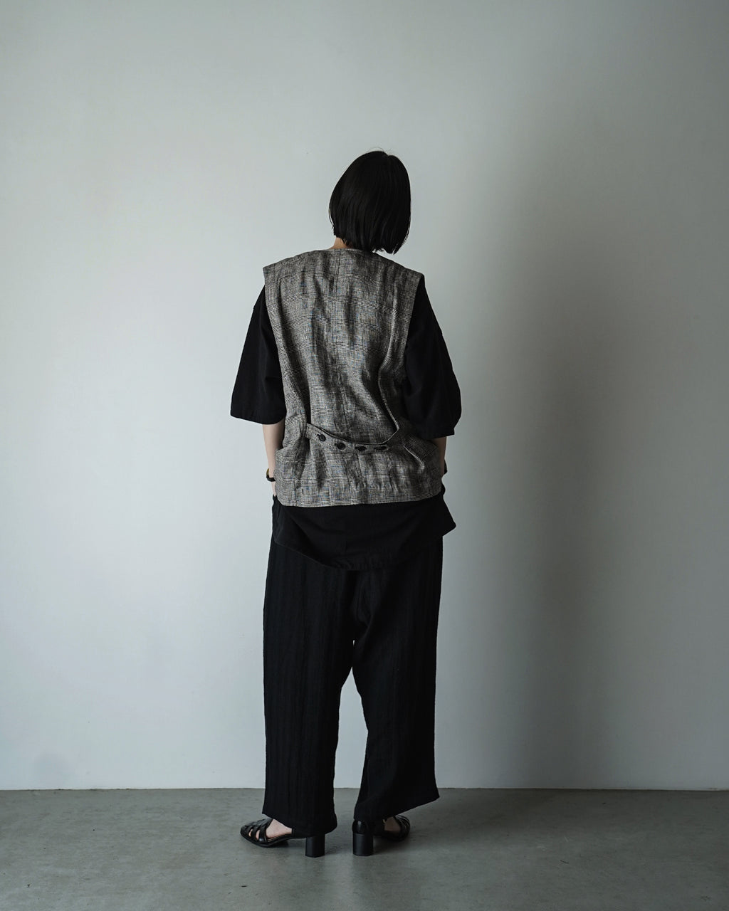 Glen Check Linen Back Belt Button Design V-Neck Vest <#glen check>
