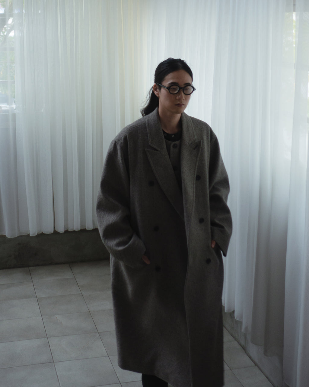 Wool Blend Double-Breasted Long Coat <#greige>