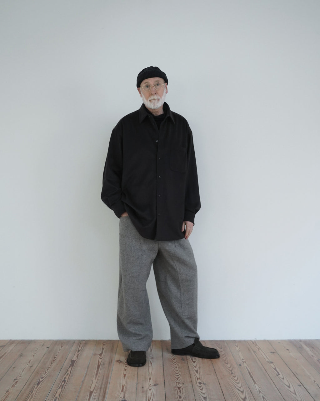 Wool Blend Heavy Flannel Wide Tuck Over Shirt <#olive>