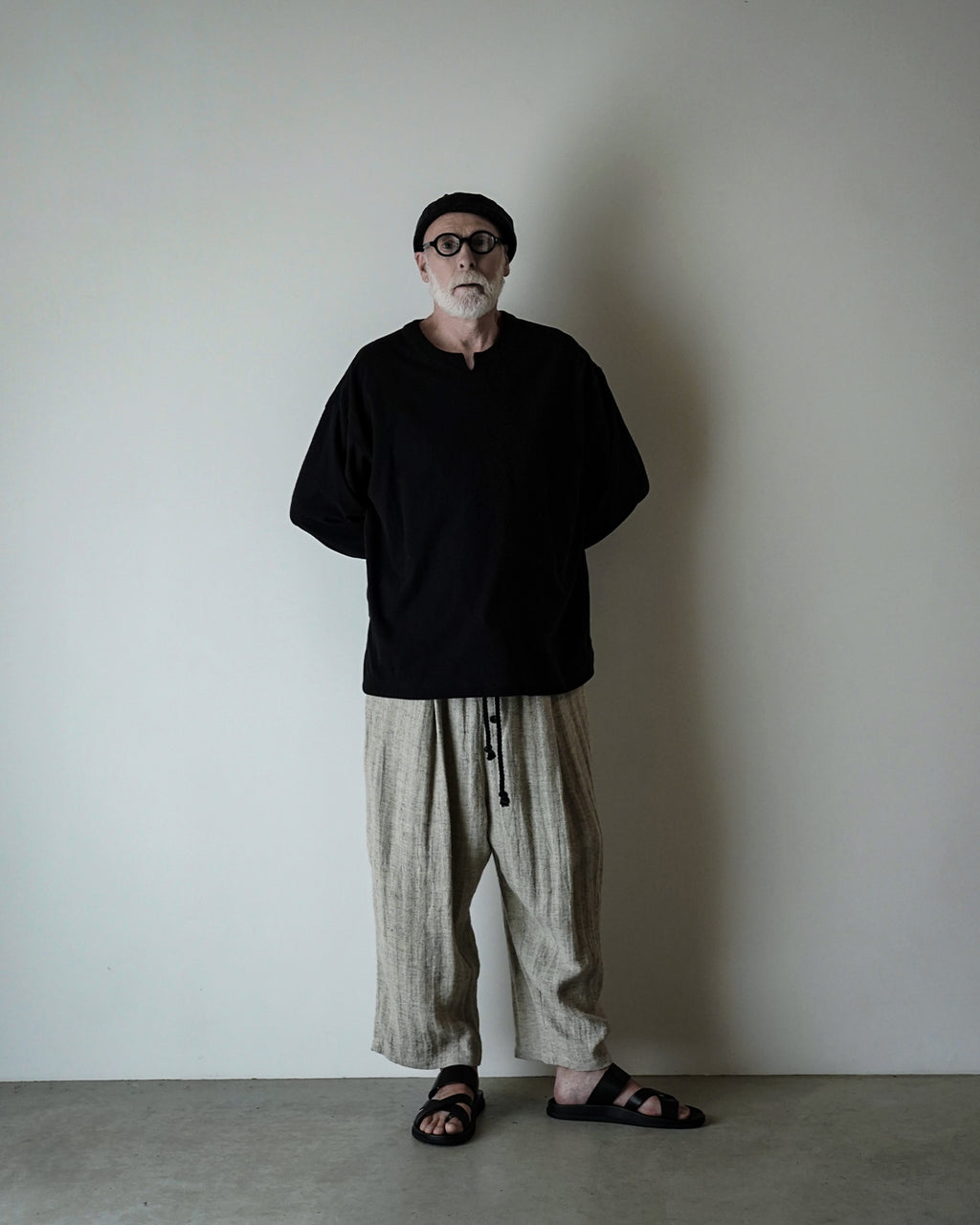 Linen Herringbone Button-Fly Easy Sarouel Pants <#heather gray>