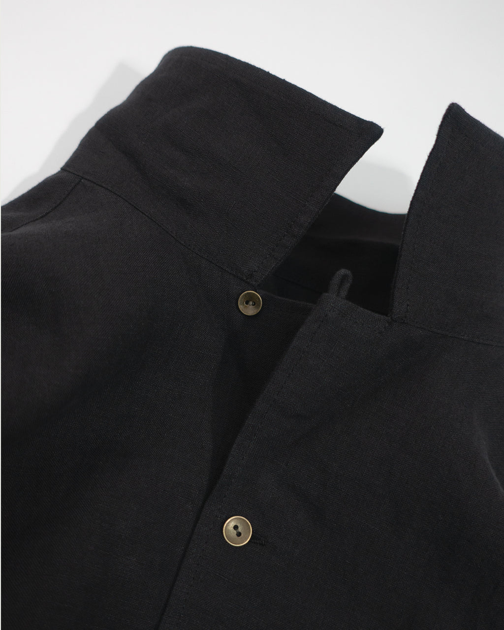 Wash Linen Open Collar 3/4 Sleeve Sleeping Shirt <#black>
