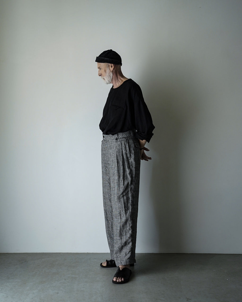 Glen Check Linen Back Belt 3Tuck Wide Straight Trousers <#glen check>