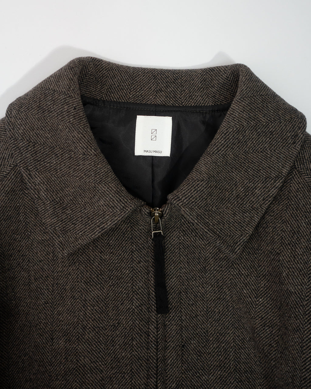 Wool Blend Herringbone Tweed Volume Zip Blouson <#brown>