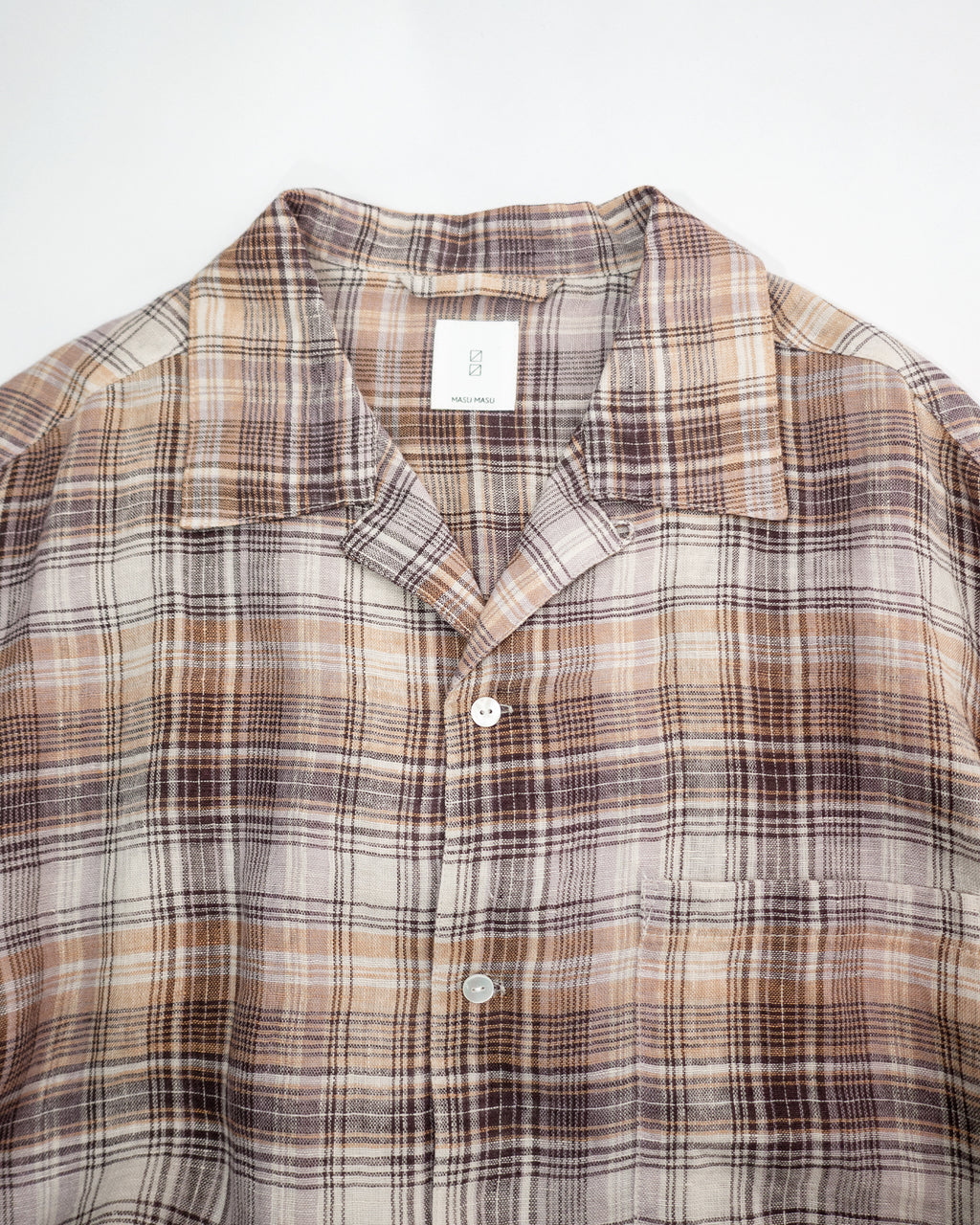 Linen Madras Check Open Collar Long-Sleeve Gathered Shirt<#red check>