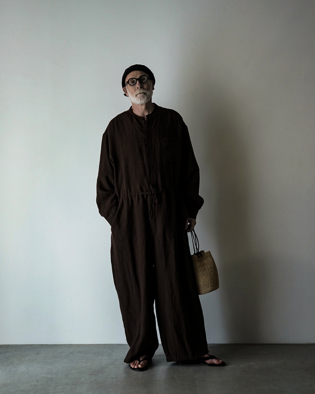 Wash Linen Band Collar Long-Sleeve Jumpsuit <#brown>