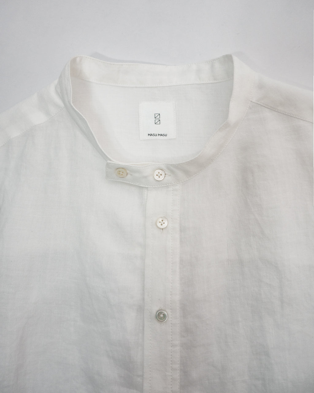 Linen Band Collar Round Slit Long Officer Shirt <#off white>