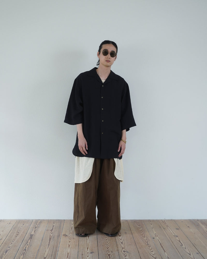 Wash Linen Open Collar 3/4 Sleeve Sleeping Shirt <#black>
