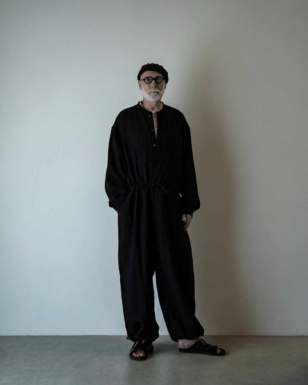 Wash Linen Band Collar Long-Sleeve Jumpsuit <#black>