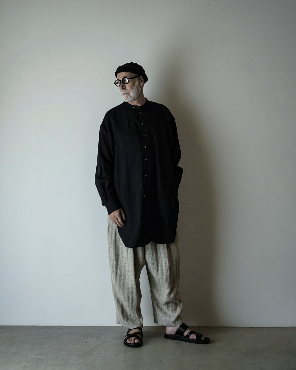 Linen Band Collar Round Slit Long Officer Shirt <#black>