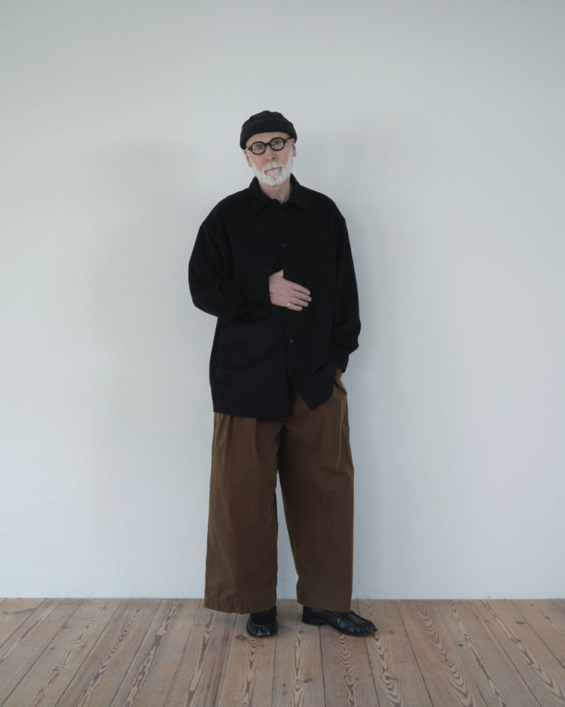 Wool Blend Heavy Flannel Wide Tuck Over Shirt <#black>