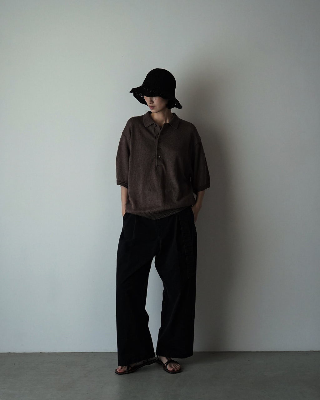 Linen Mid-Gauge Half Sleeve Knit Polo <#brown>