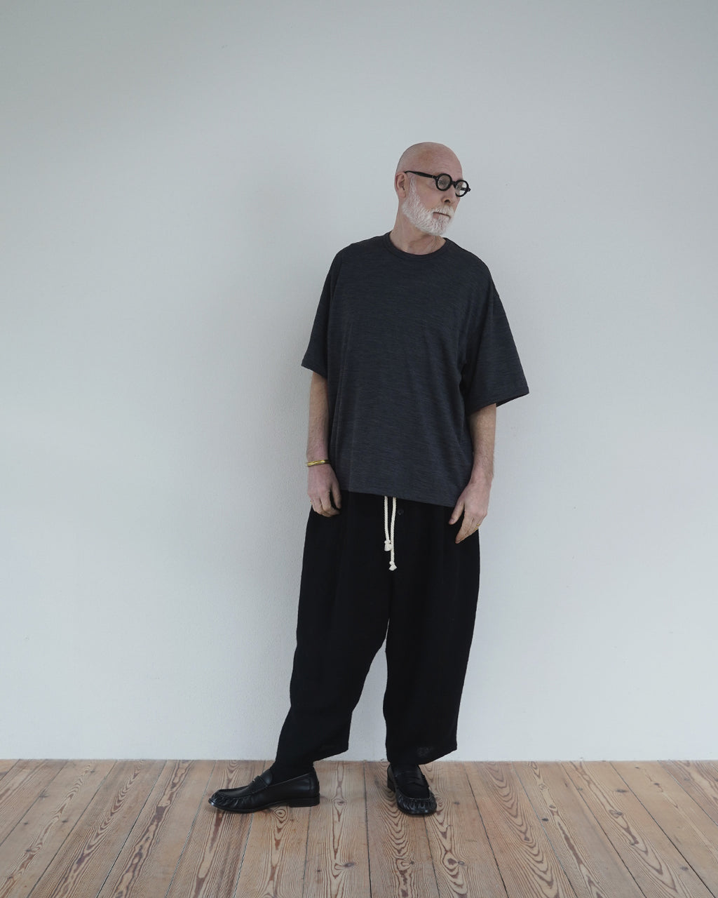 Shetland Wool Linen Rope Belt Easy Sarouel Pants <#black>