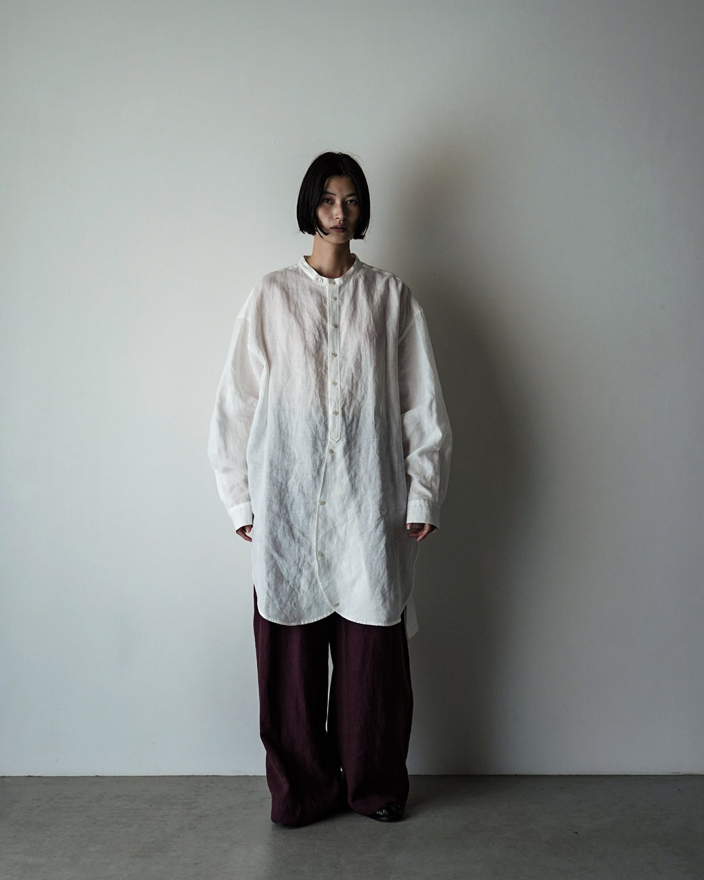 Linen Band Collar Round Slit Long Officer Shirt <#off white>