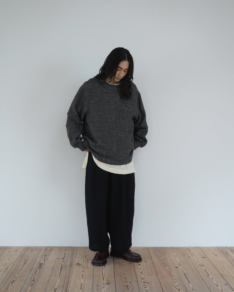 Shetland Wool Linen Crew Neck LS Tuck Rib Pullover <#charcoal>