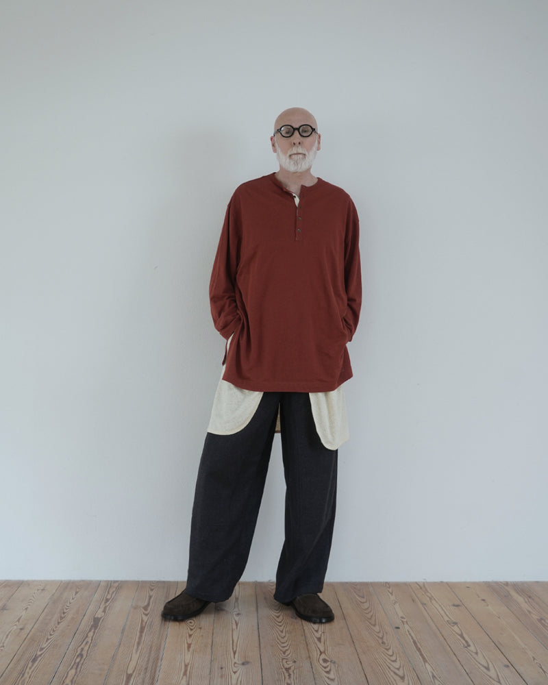 Linen Jersey Henley Neck Middle Length L/S Tee <#terracotta>