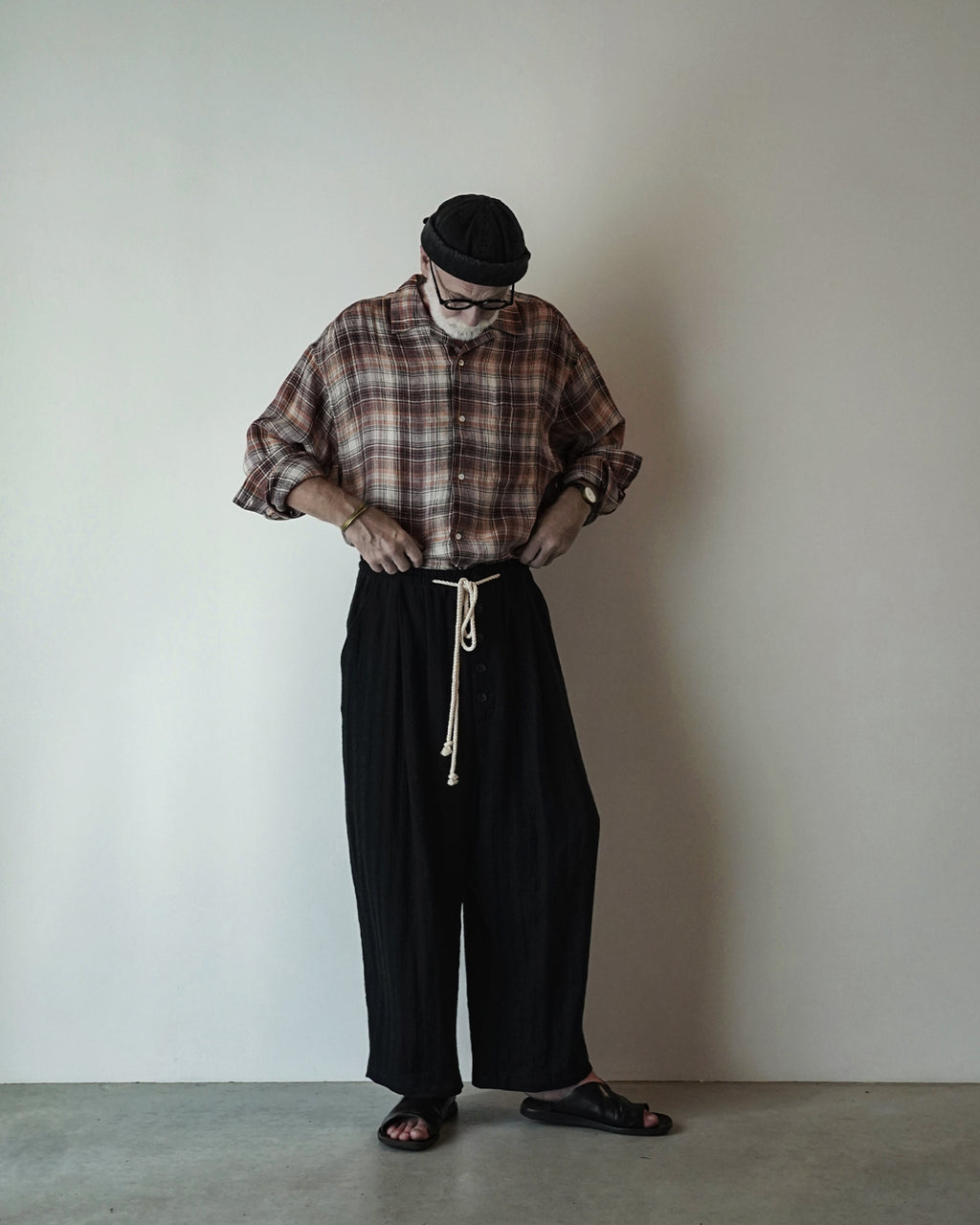 Linen Herringbone Button-Fly Easy Sarouel Pants <#black>