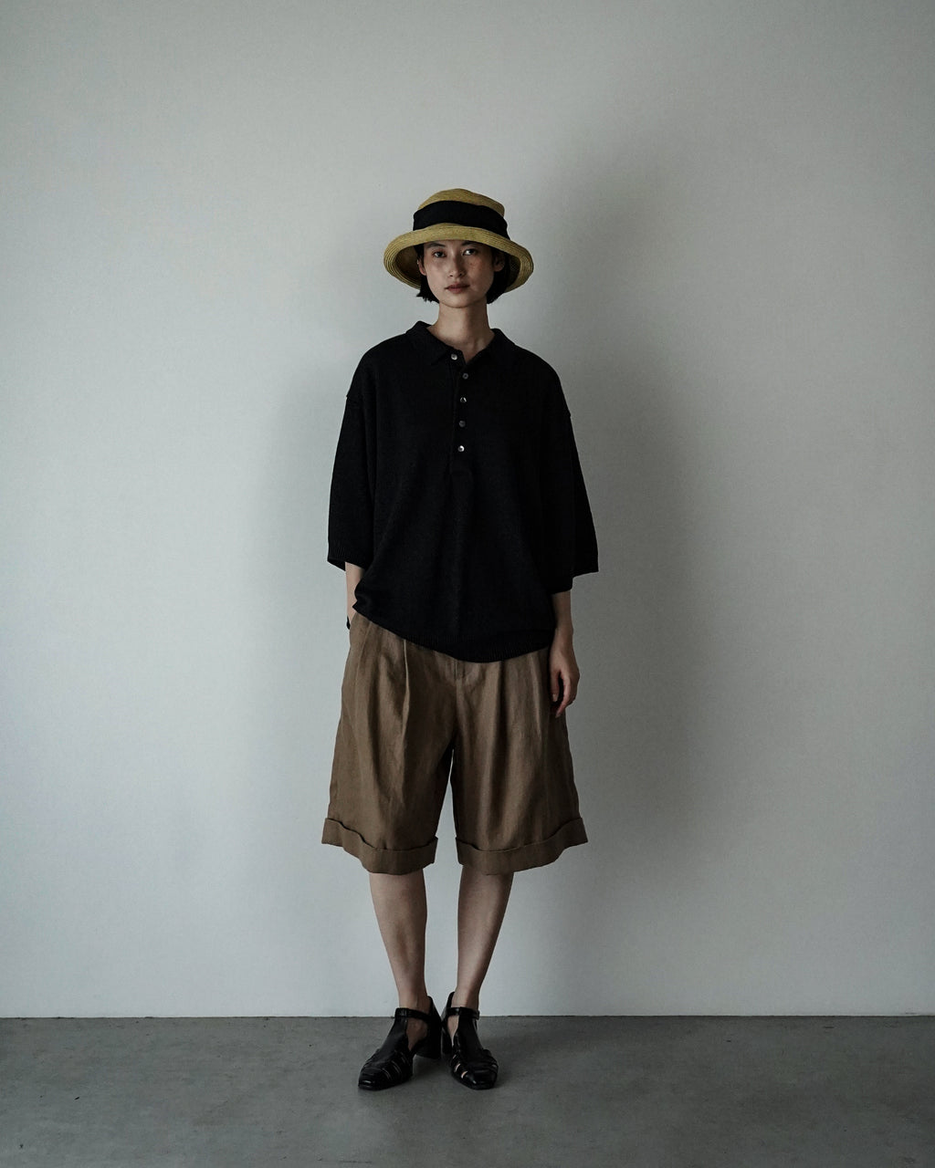 Linen Mid-Gauge Half Sleeve Knit Polo <#black>
